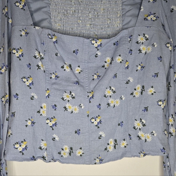 Blue Corset Style Floral Long Sleeve Crop Top - Women's Medium - Picture 5 of 9